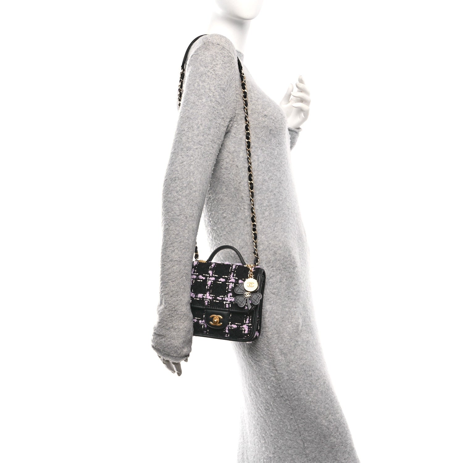 Tweed Calfskin School Memory Mini Top Handle Flap Black Pink White
