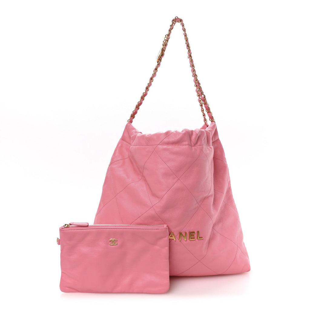 Shiny Calfskin Quilted Chanel 22 Drawstring Bag Pink