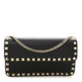 Pebbled Calfskin Rockstud Flap Wallet On Chain Black