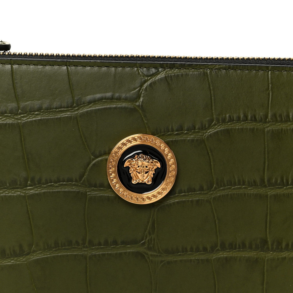 Calfskin Crocodile Embossed La Medusa Pouch Dark Olive