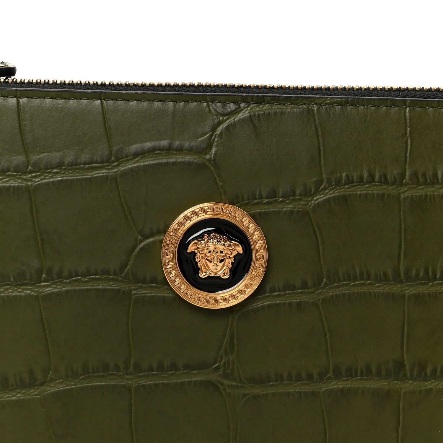 Calfskin Crocodile Embossed La Medusa Pouch Dark Olive