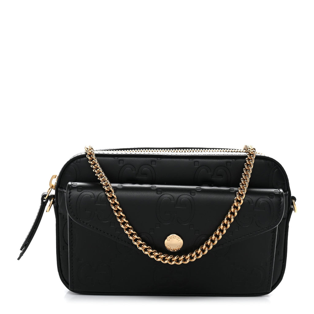 Calfskin GG Super Mini Debossed Chain Wallet Black