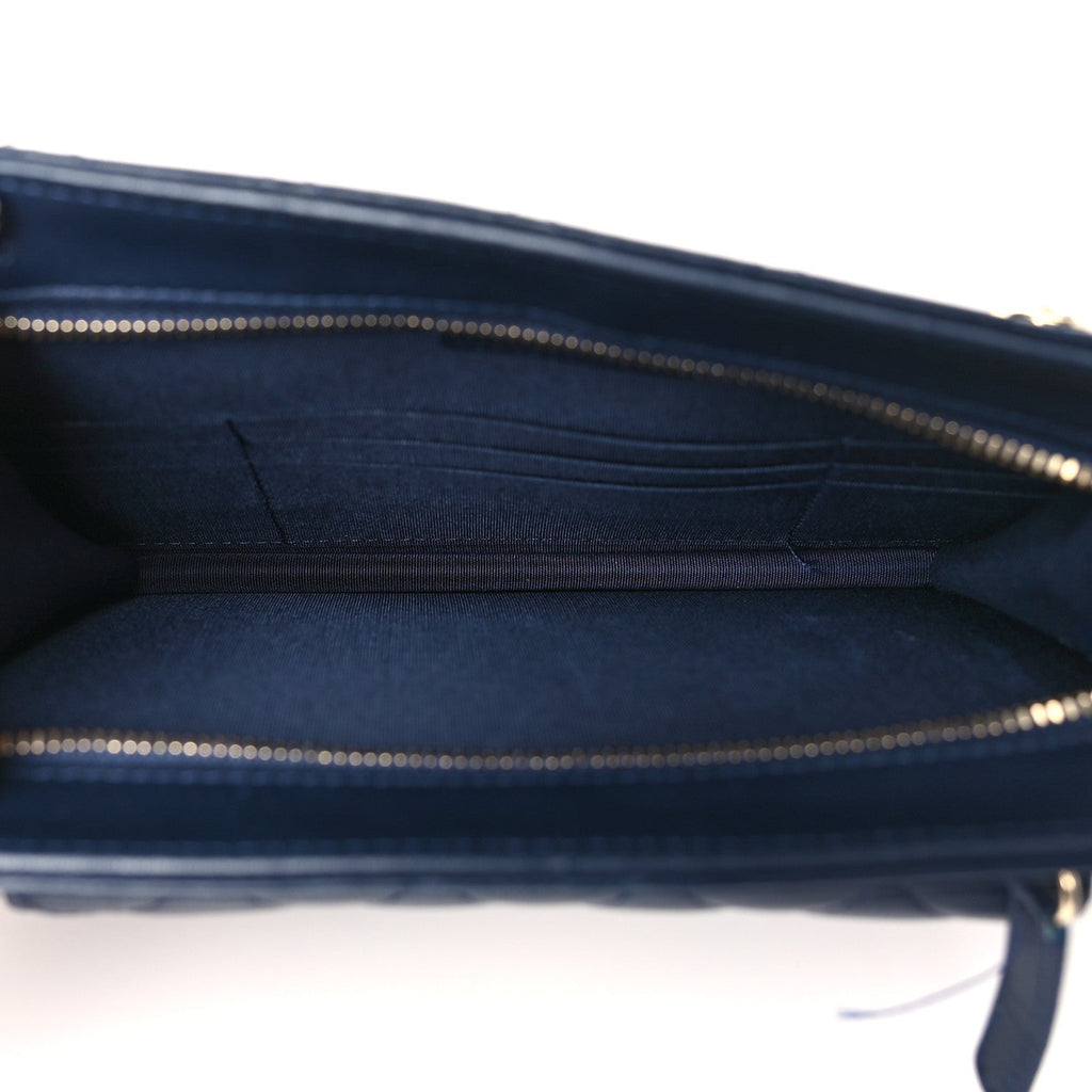 Lambskin Quilted Square Front Pocket Clutch With Chain Navy Blue