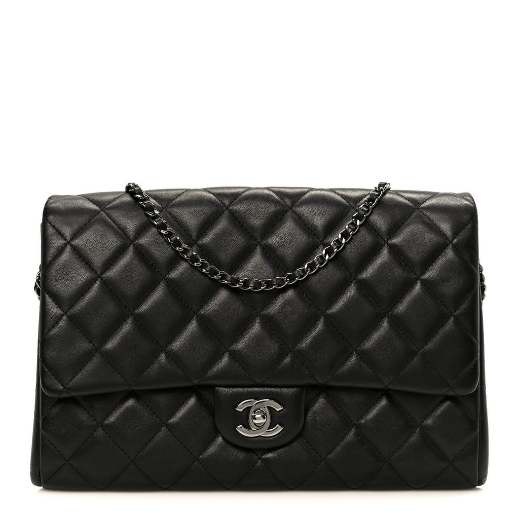 Lambskin Quilted Clutch With Chain Flap Black