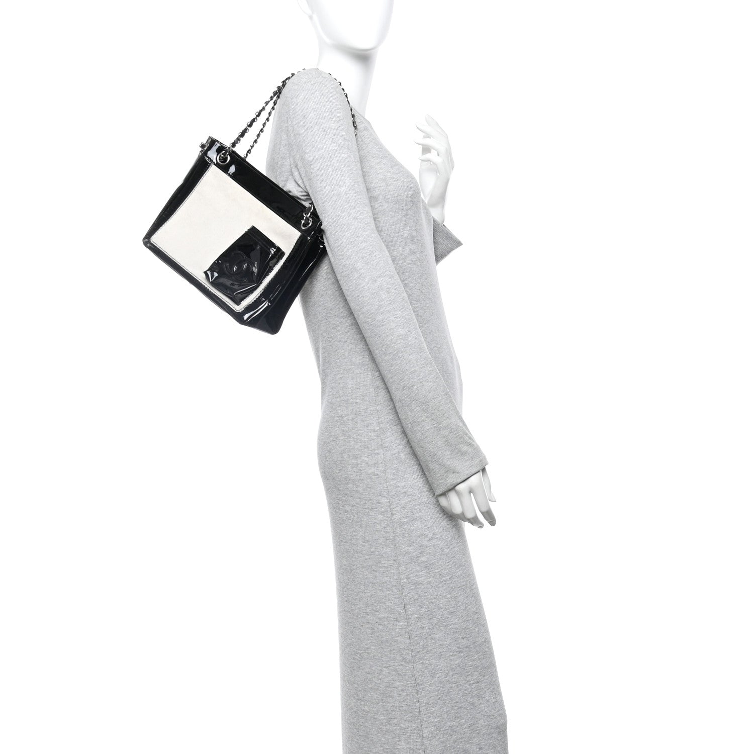 Patent Pony Hair Small Pocket Tote Black White