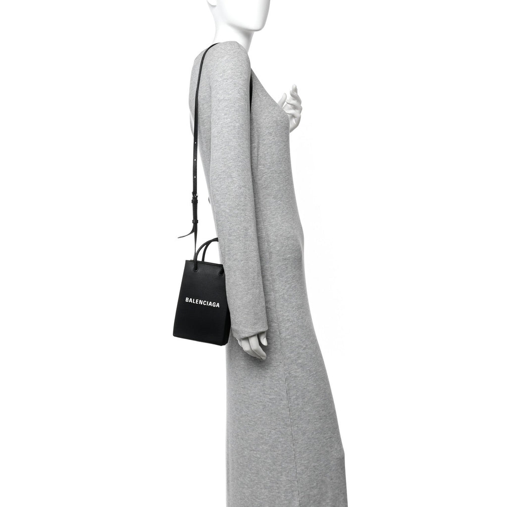 Squared Calfskin Logo Shopping Phone Holder Bag Black