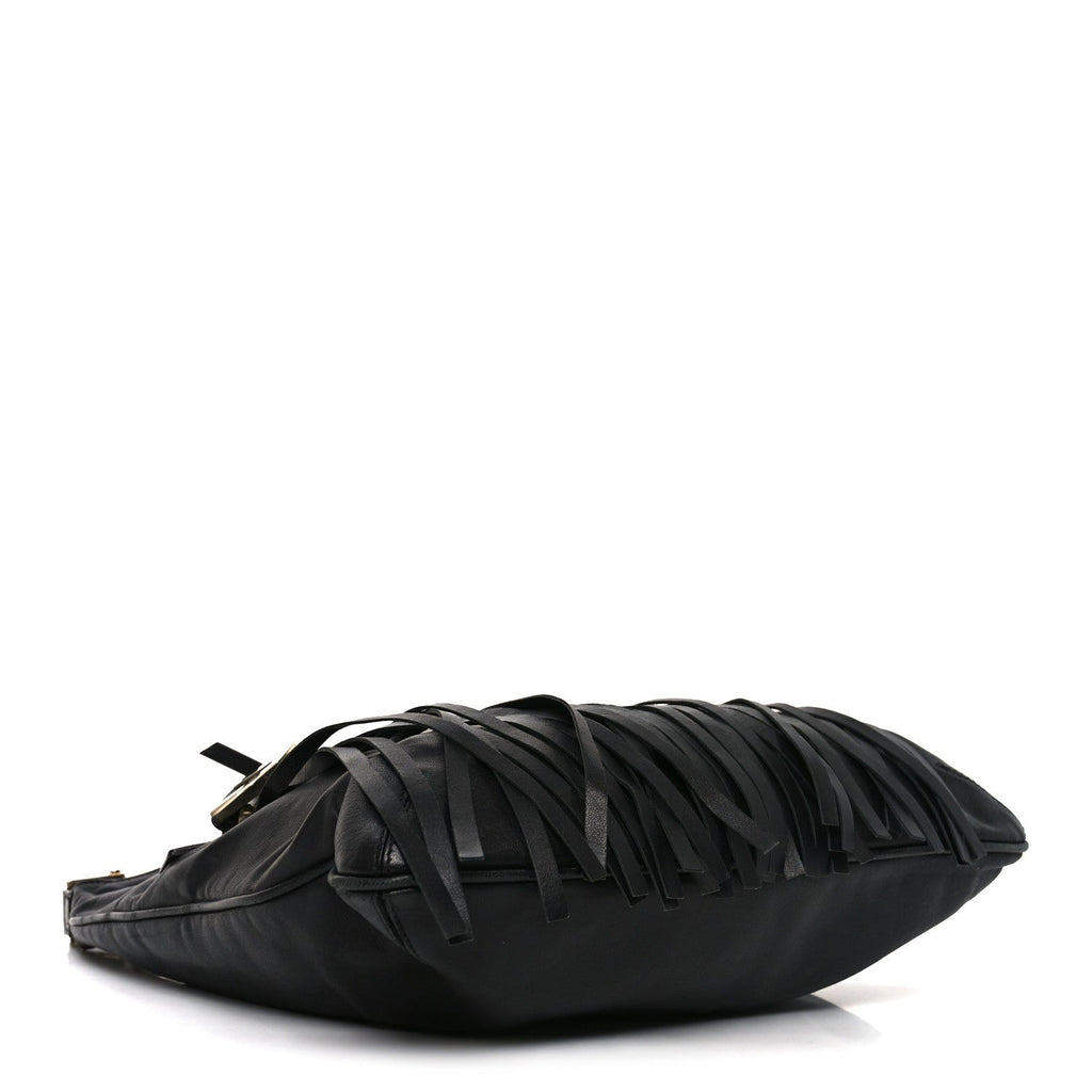 Calfskin Palazzo Fringe Shoulder Bag Black
