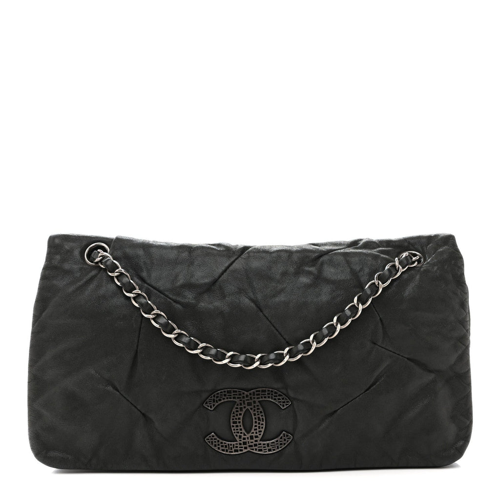 Iridescent Calfskin Glint Accordion Flap Black
