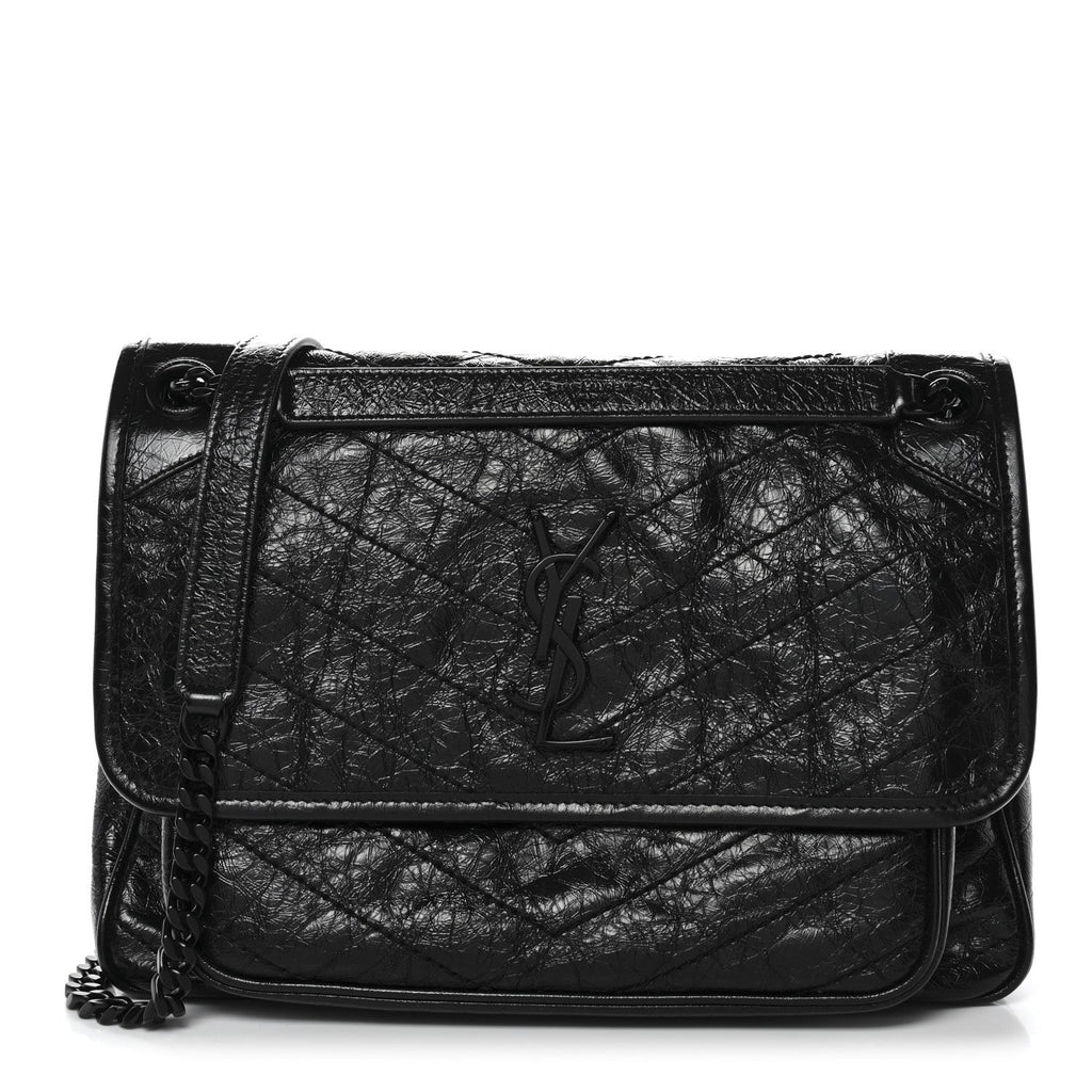 Crinkled Calfskin Matelasse Monogram Medium Niki Chain Satchel Black