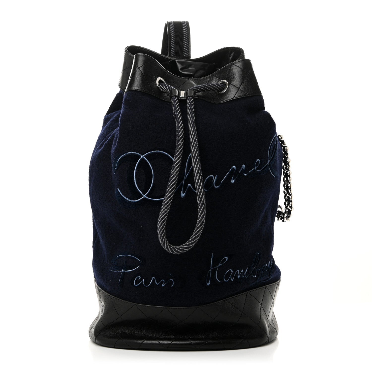 Wool Calfskin Embroidered Paris Hamburg Drawstring Backpack Navy Blue