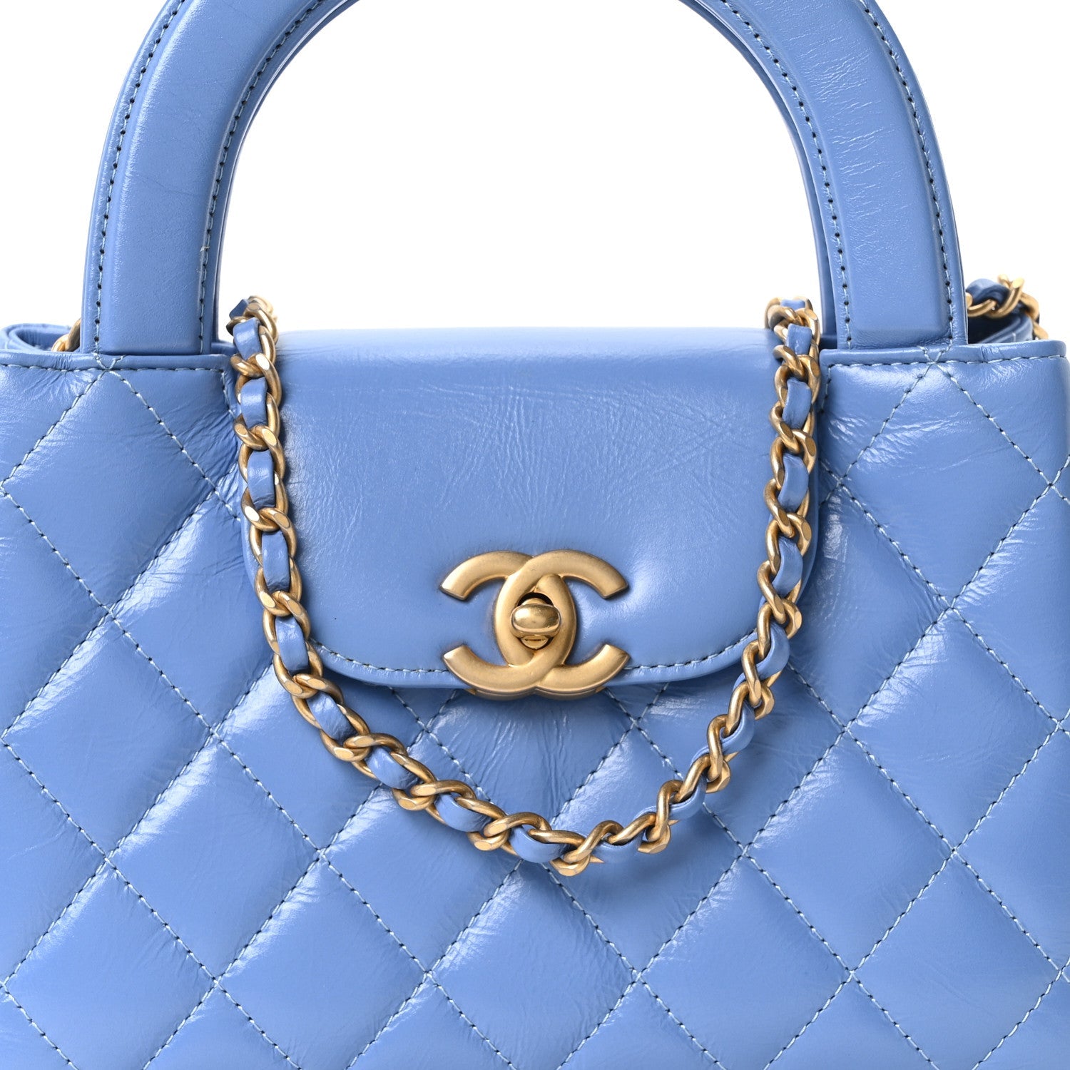 Shiny Aged Calfskin Quilted Nano Kelly Shopper Blue