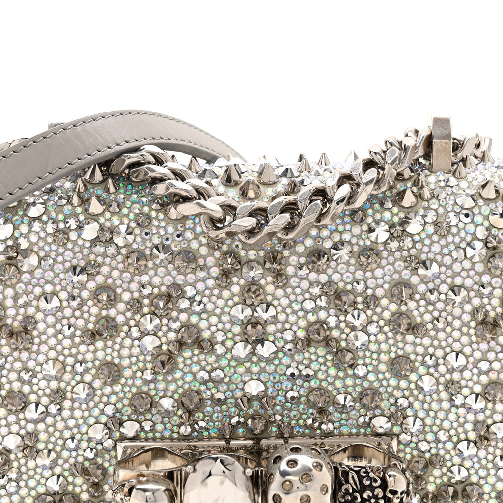 Suede Calfskin Crystal Studded Mini Jeweled Knuckle Satchel Silver