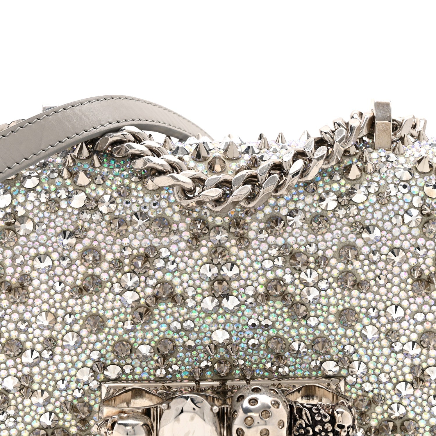 Suede Calfskin Crystal Studded Mini Jeweled Knuckle Satchel Silver