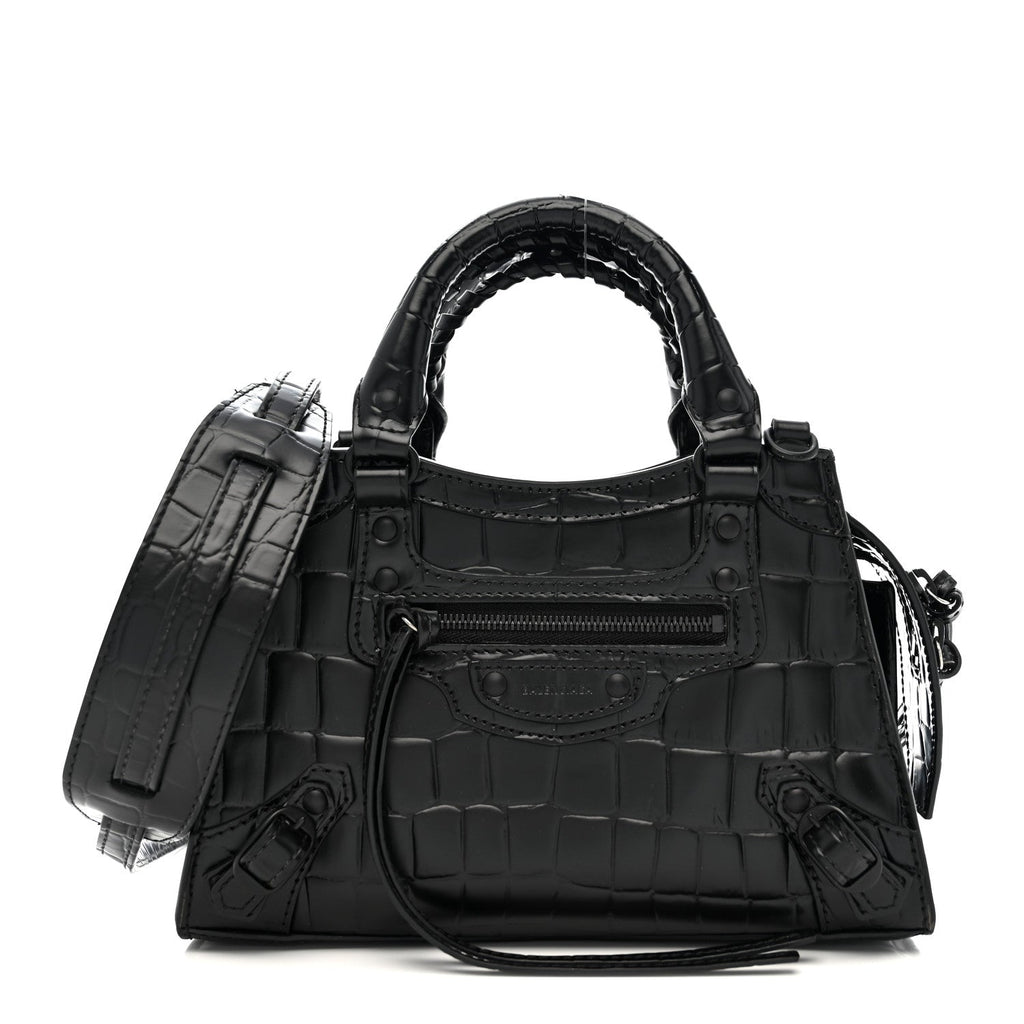 Semi Shiny Calfskin Crocodile Embossed Neo Classic Black Hardware Mini City Black
