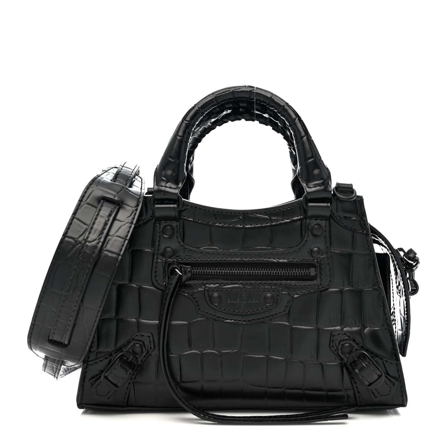 Semi Shiny Calfskin Crocodile Embossed Neo Classic Black Hardware Mini City Black