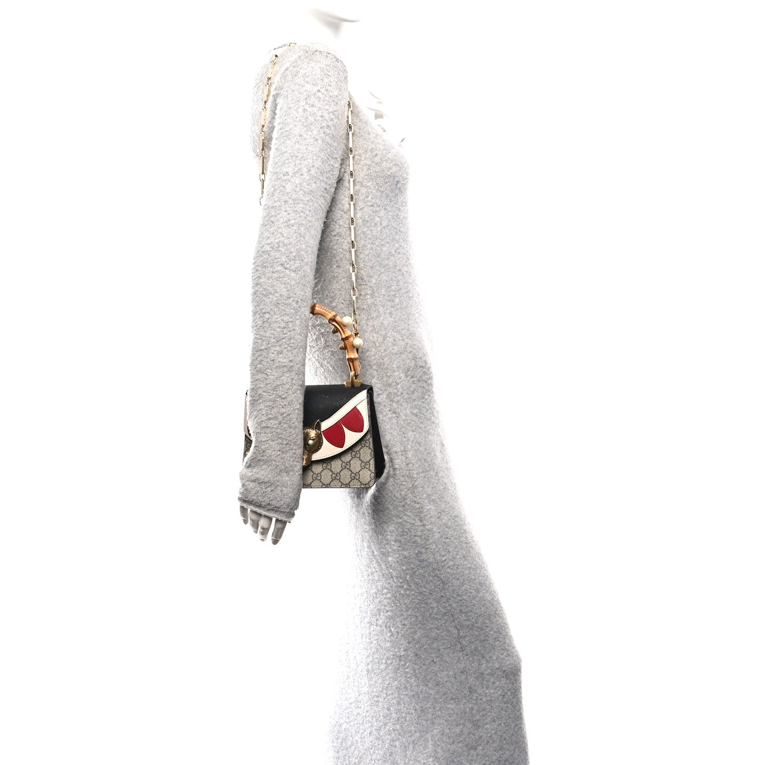 GG Supreme Monogram Goatskin Pearl Mini Fox Broche Bamboo Top Handle Bag Beige Ebony Black Hibiscus Red Mystic White