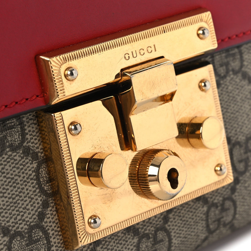 GG Supreme Monogram Calfskin Small Padlock Shoulder Bag Beige Hibiscus Red New Rosette