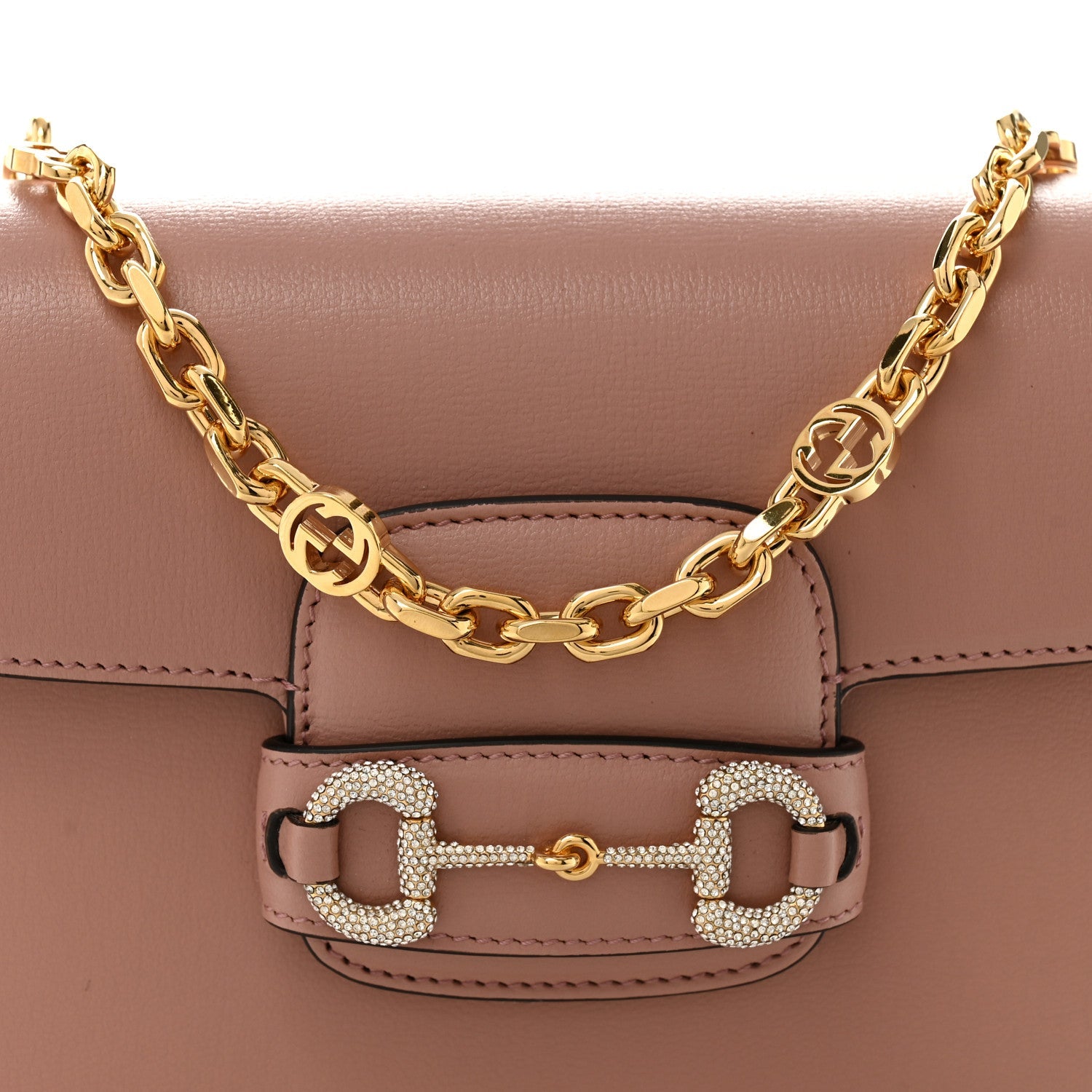 Azalea Calfskin Crystal GG Monogram Mini Horsebit 1955 Shoulder Bag Dusty Rose