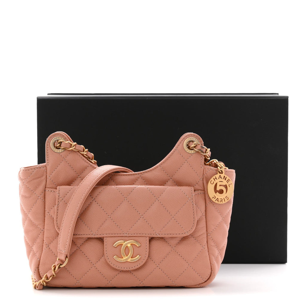Caviar Quilted Small Wavy CC Hobo Coral