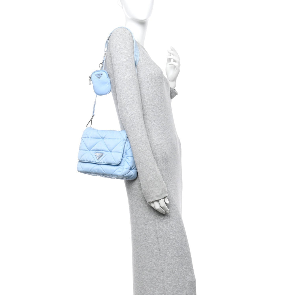 Re-Nylon Quilted Padded Flap Shoulder Bag Celeste