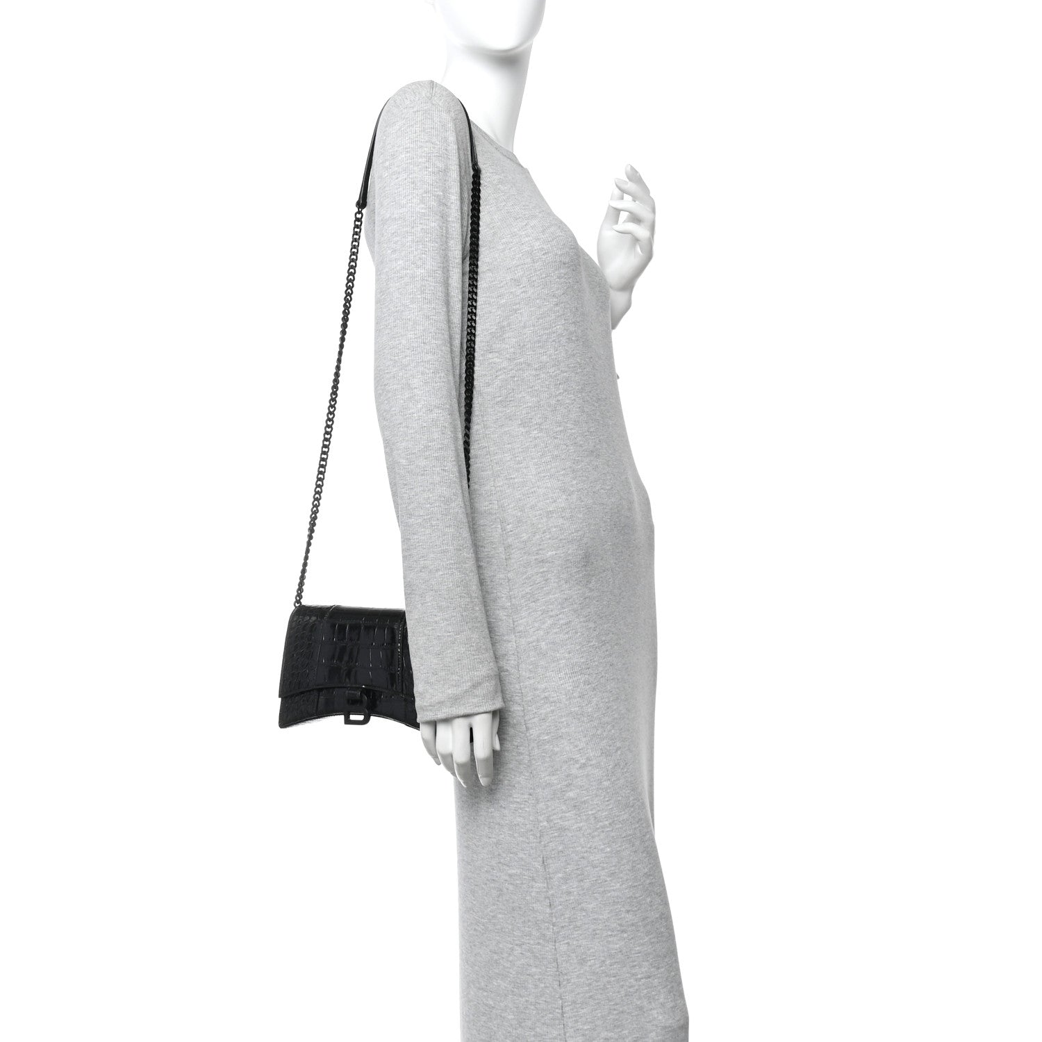 Shiny Calfskin Monochrome Crocodile Embossed Small Hourglass Evening Chain Bag Black