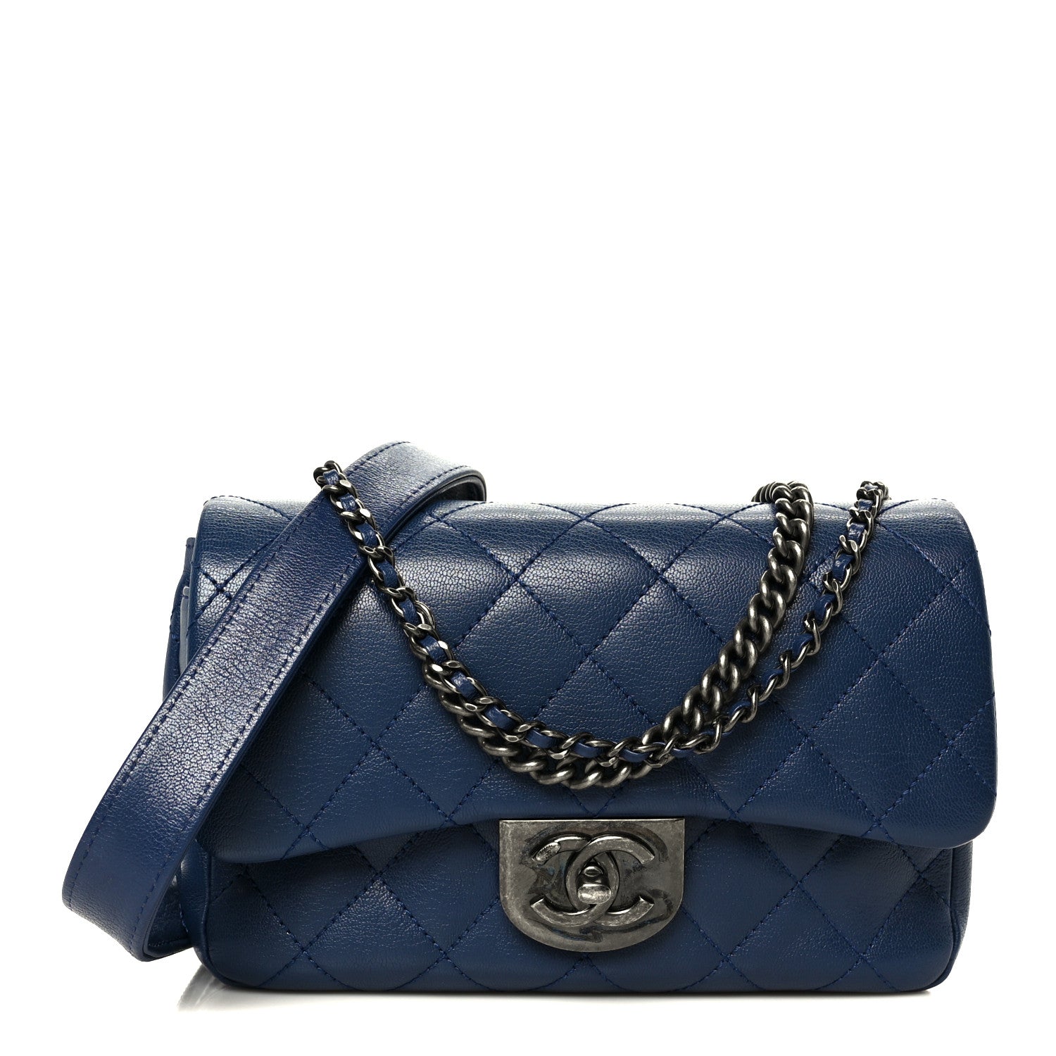 Shiny Goatskin Quilted Small Double Carry Waist Chain Flap Blue