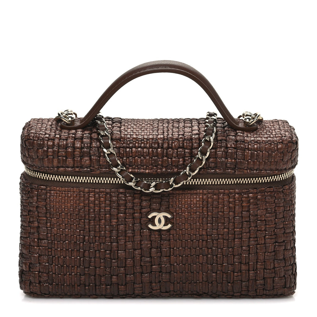 Braided Raffia Quilted Top Handle Slim Vanity With Chain Brown