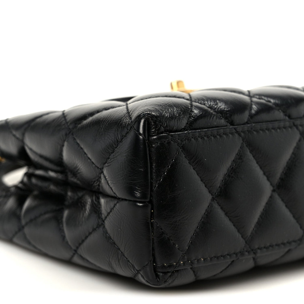 Shiny Aged Calfskin Quilted Nano Kelly Shopper Black