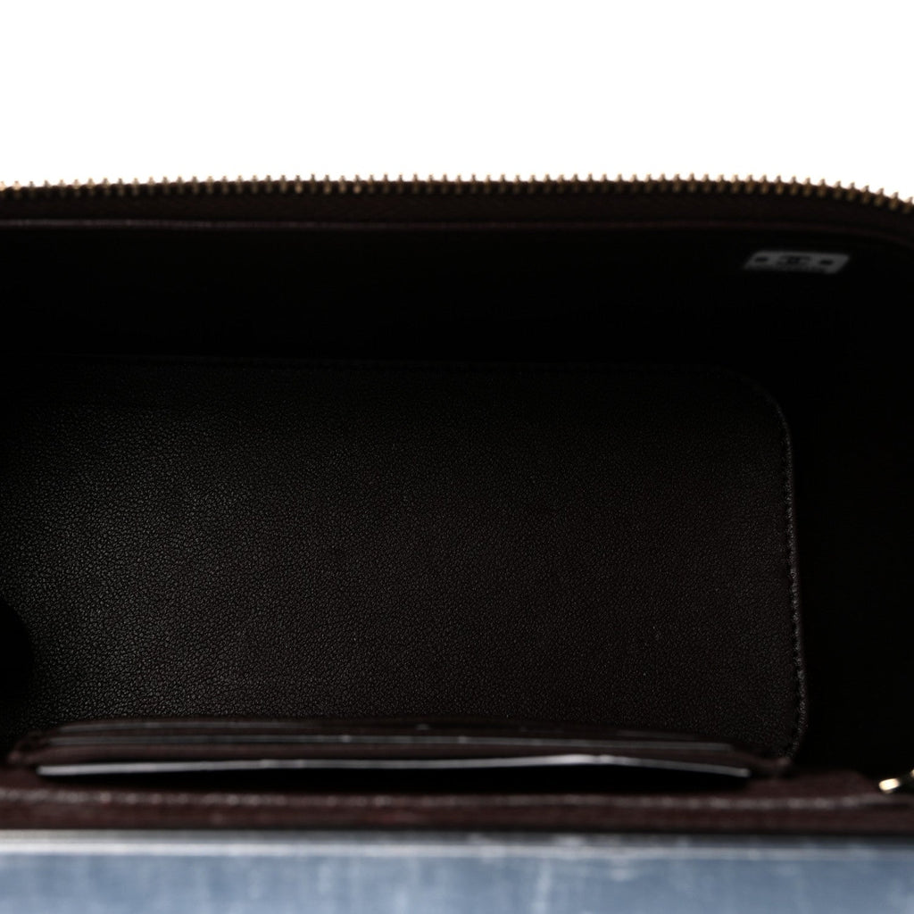 Lambskin Quilted Small Top Handle Vanity Case With Chain Dark Brown