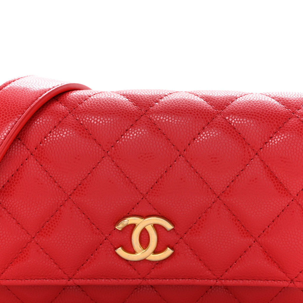 Caviar Quilted Yours Buttons Phone Holder With Chain Red