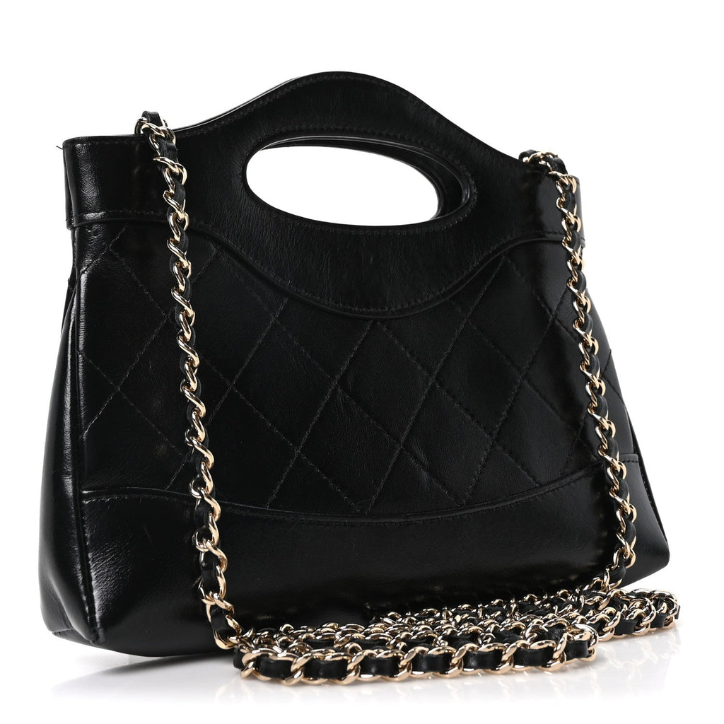 Shiny Crumpled Calfskin Quilted Nano 31 Shopping Bag Black