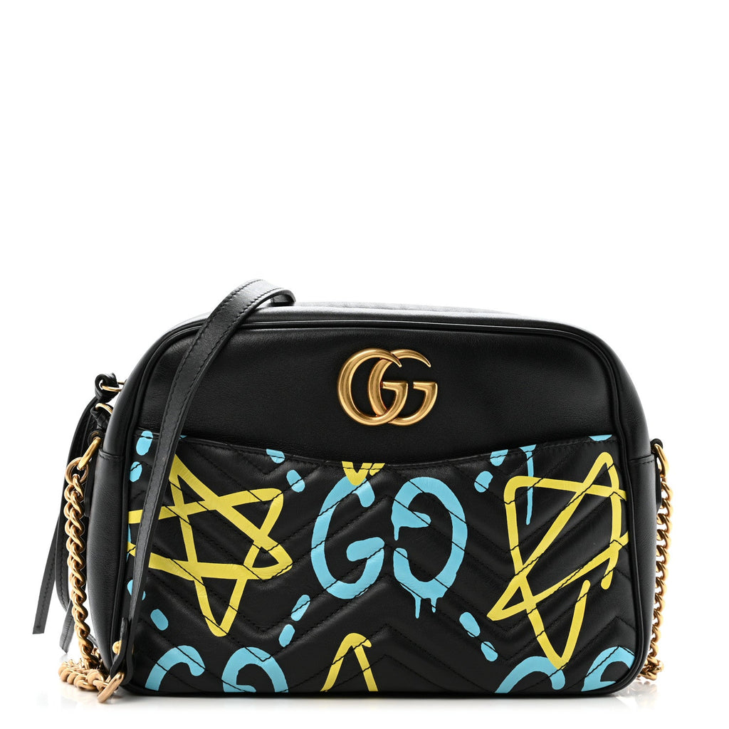 Calfskin Matelasse GucciGhost Medium GG Marmont Chain Shoulder Bag Black New Acquamarine