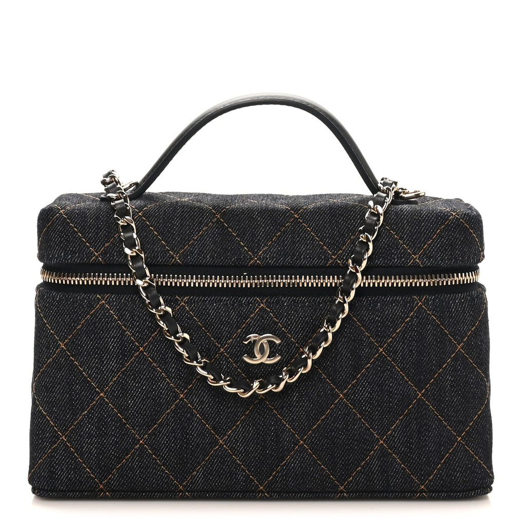 Denim Quilted Top Handle Slim Vanity Case With Chain Dark Blue Orange