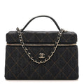 Denim Quilted Top Handle Slim Vanity Case With Chain Dark Blue Orange