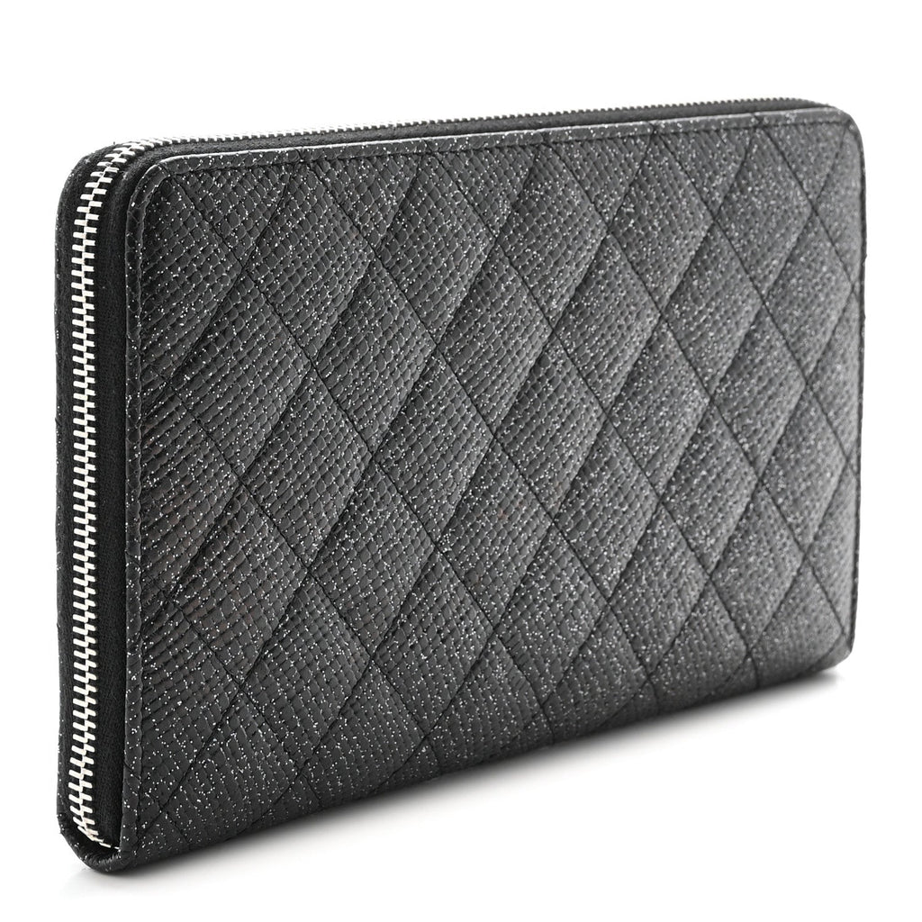 Glittered Calfskin Quilted Large Zip Around Organizer Wallet Black