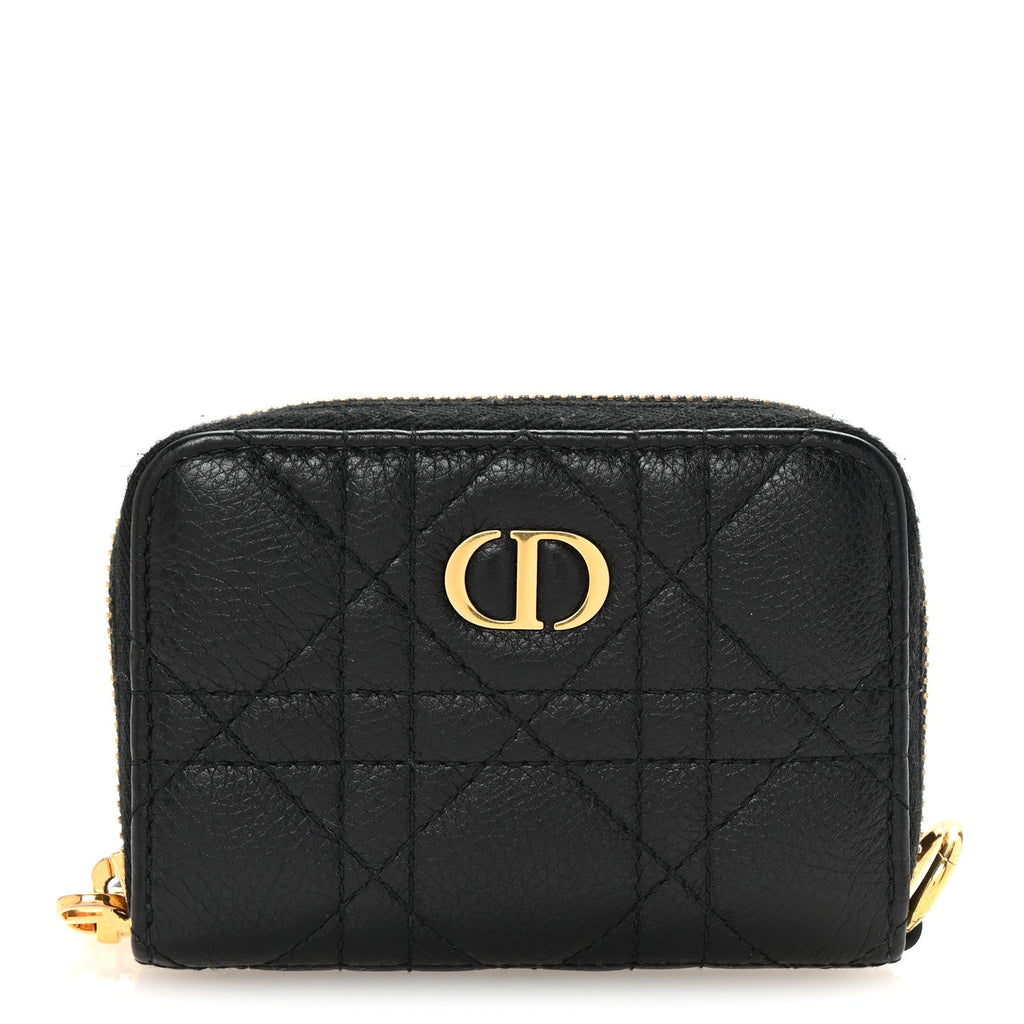 Grained Calfskin Supple Cannage Caro Compact Zip  Wallet Black