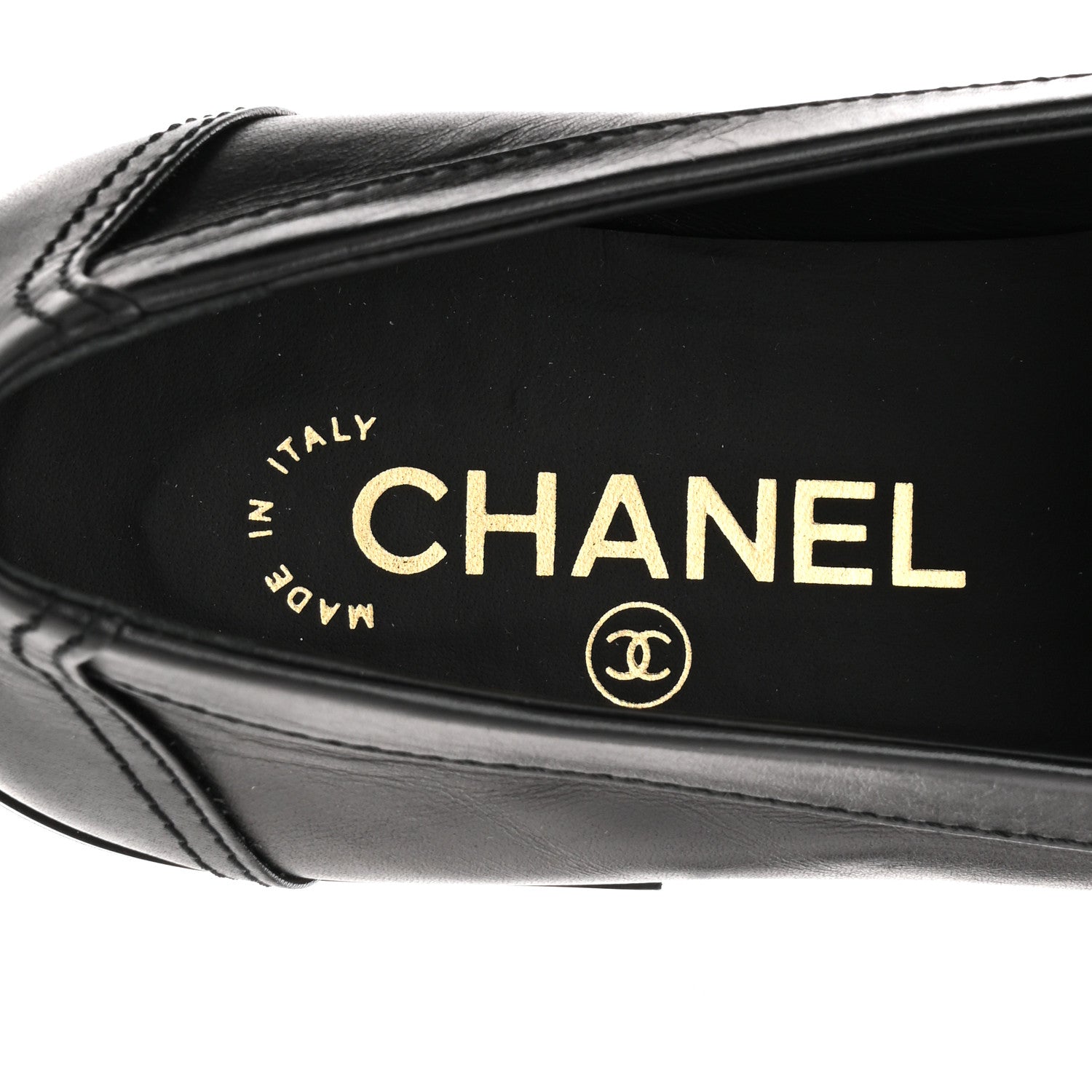 Shiny Calfskin Metal CC Mocassin Loafers 38.5 Black