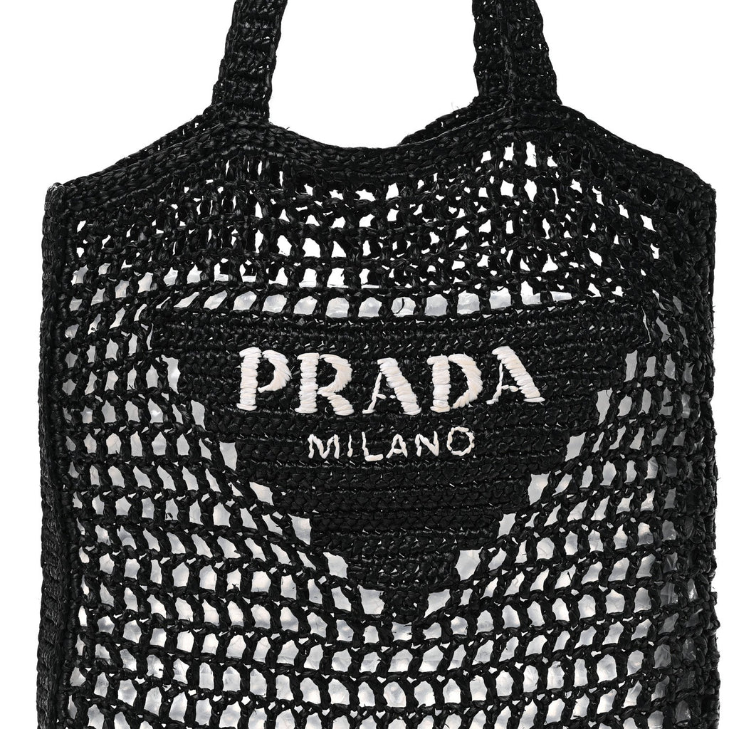 Yarn Raffia Effect Crochet Logo Embroidered Tote Bag Black