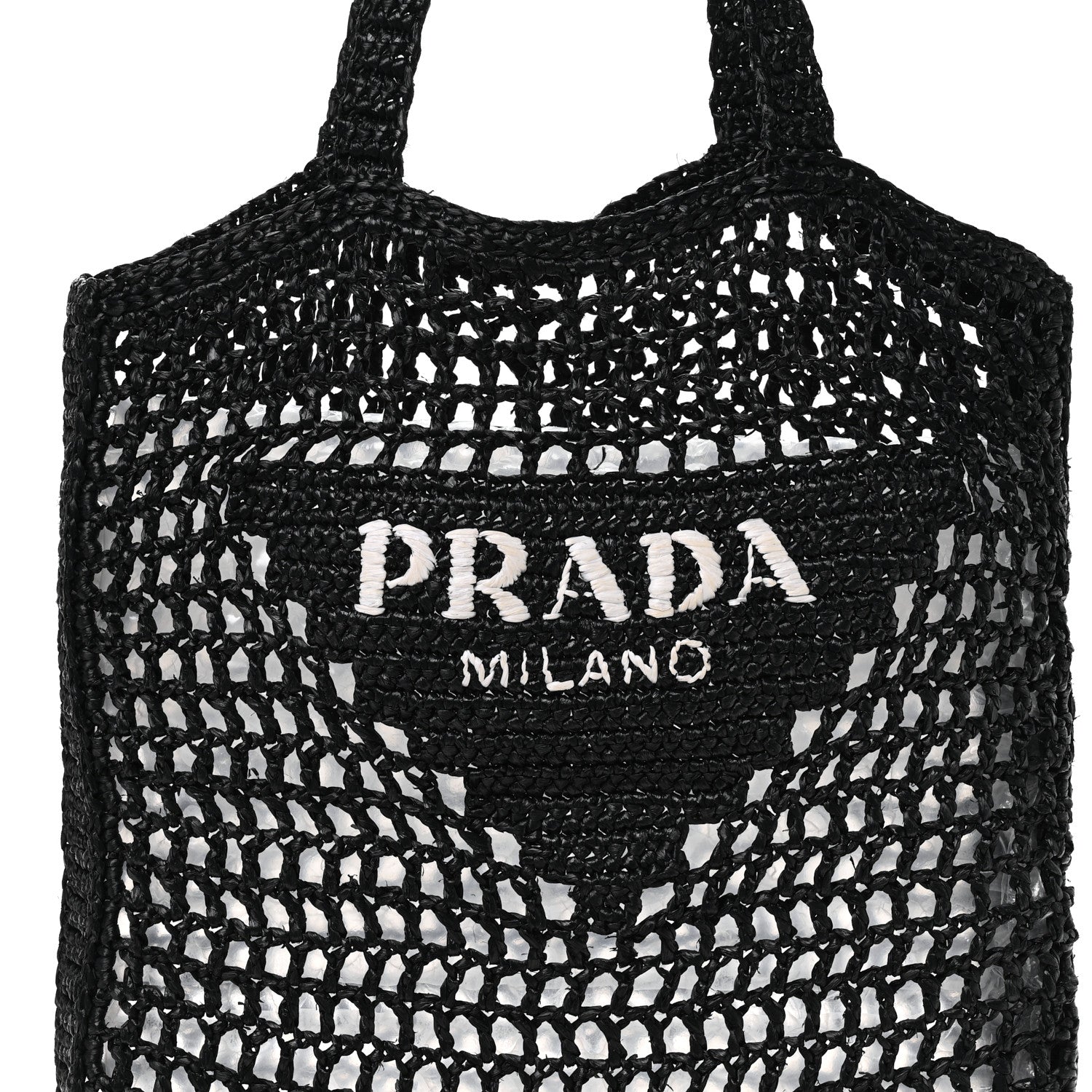 Yarn Raffia Effect Crochet Logo Embroidered Tote Bag Black