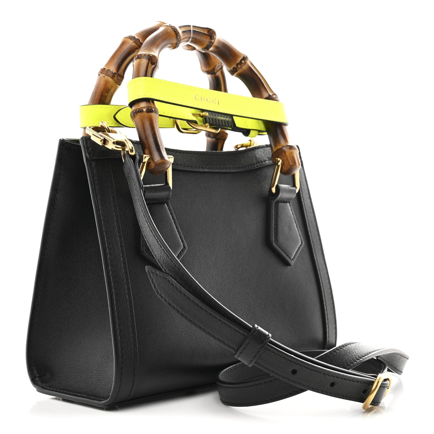 Wonka Grain Calfskin Mini Diana Tote Bag Black Yellow Fluo