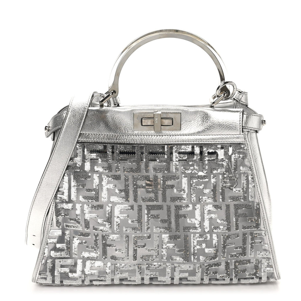 PVC Vitello Catalan Mirror Sequin FF Medium Peekaboo Iconic Satchel Argento