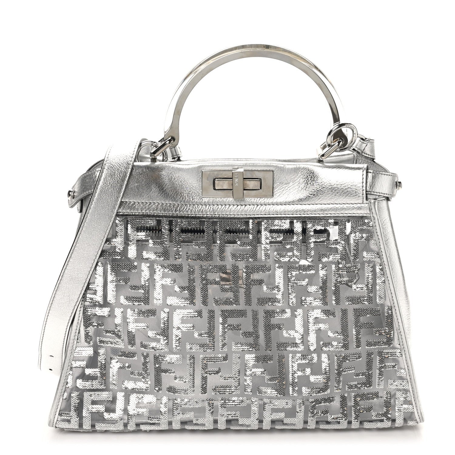 PVC Vitello Catalan Mirror Sequin FF Medium Peekaboo Iconic Satchel Argento