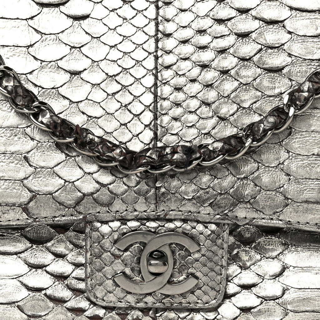 Metallic Snakeskin Medium Single Flap Silver