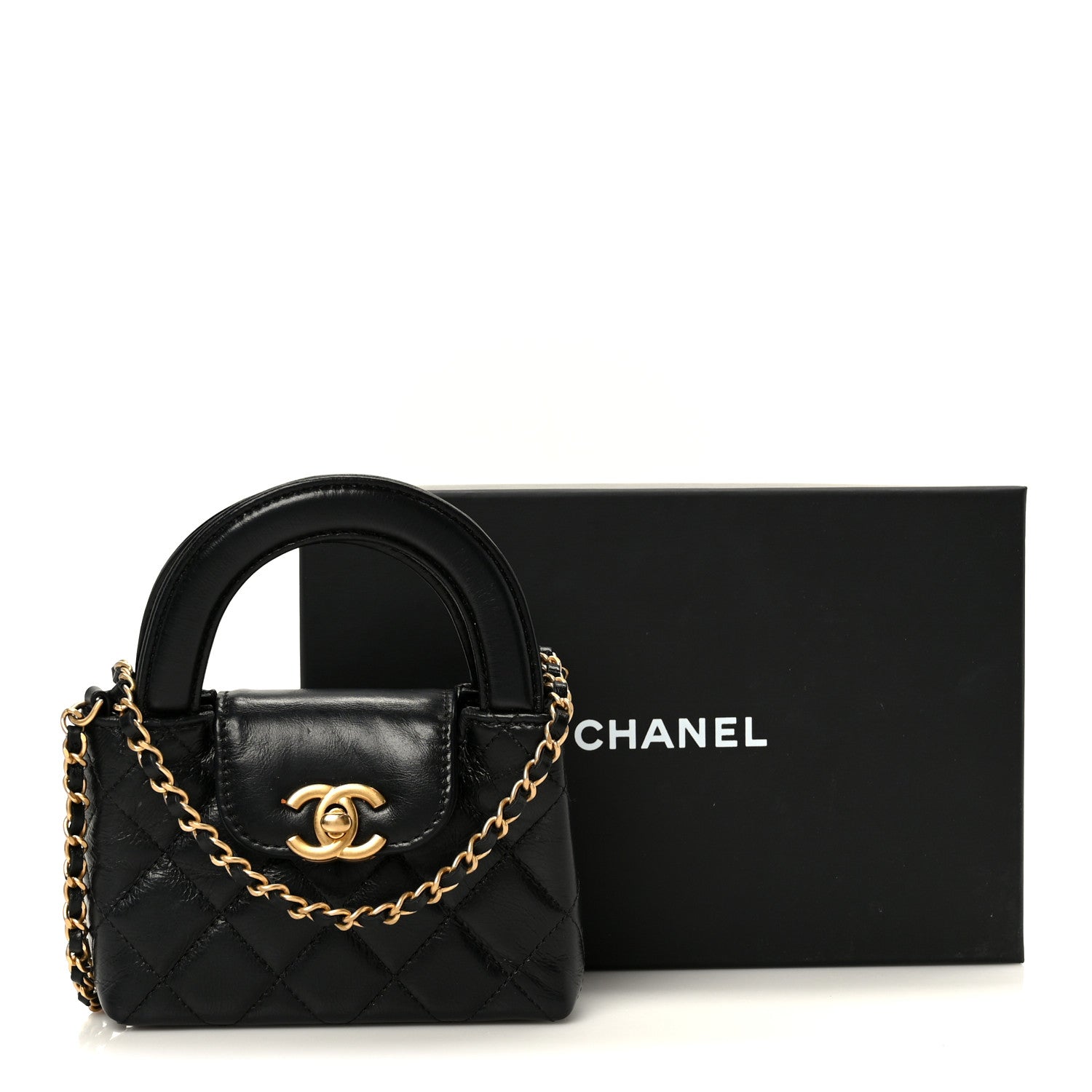 Shiny Aged Calfskin Quilted Mini Nano Kelly Shopper Black