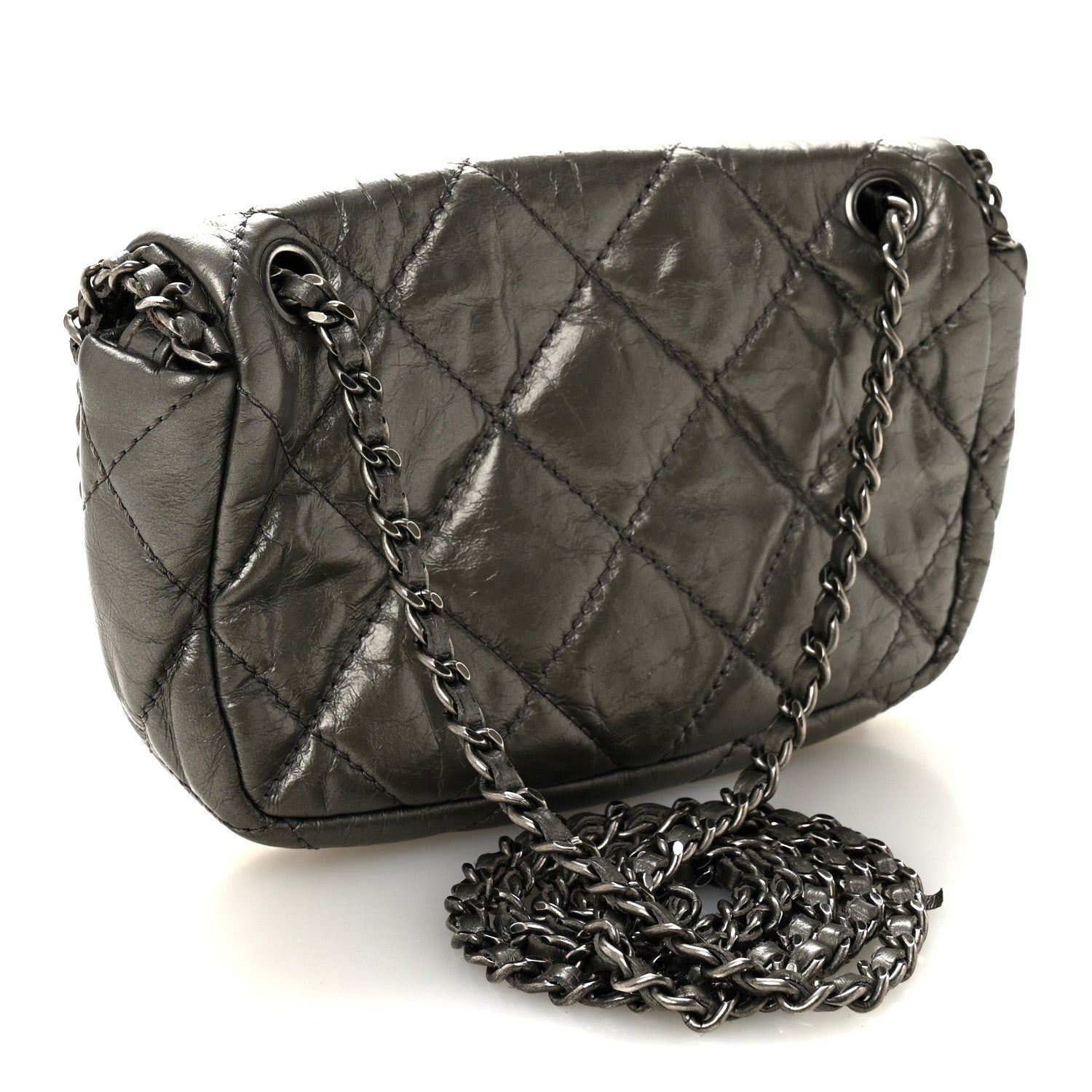 Metallic Aged Calfskin Mini Chain Me Flap Pewter