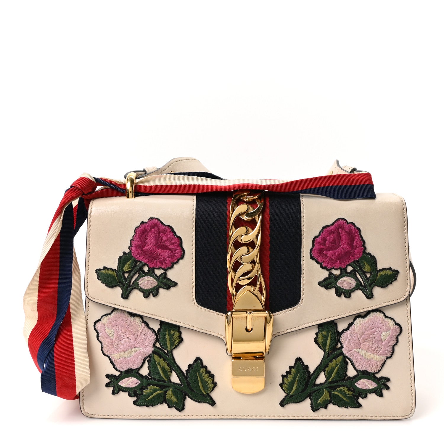 Calfskin Embroidered Small Sylvie Shoulder Bag White