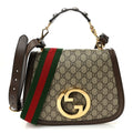 GG Supreme Monogram Textured Dollar Calfskin Web Medium Blondie Top Handle Shoulder Flap Bag Beige Ebony New Acero