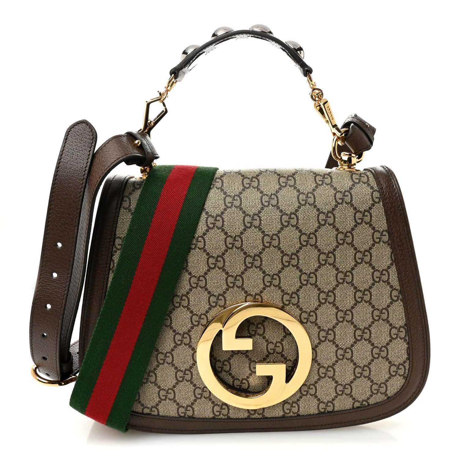 GG Supreme Monogram Textured Dollar Calfskin Web Medium Blondie Top Handle Shoulder Flap Bag Beige Ebony New Acero