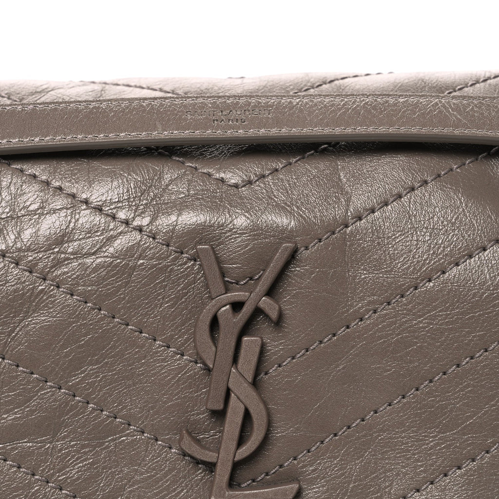 Crinkled Calfskin Matelasse Monogram Medium Niki Chain Satchel Greyish Brown