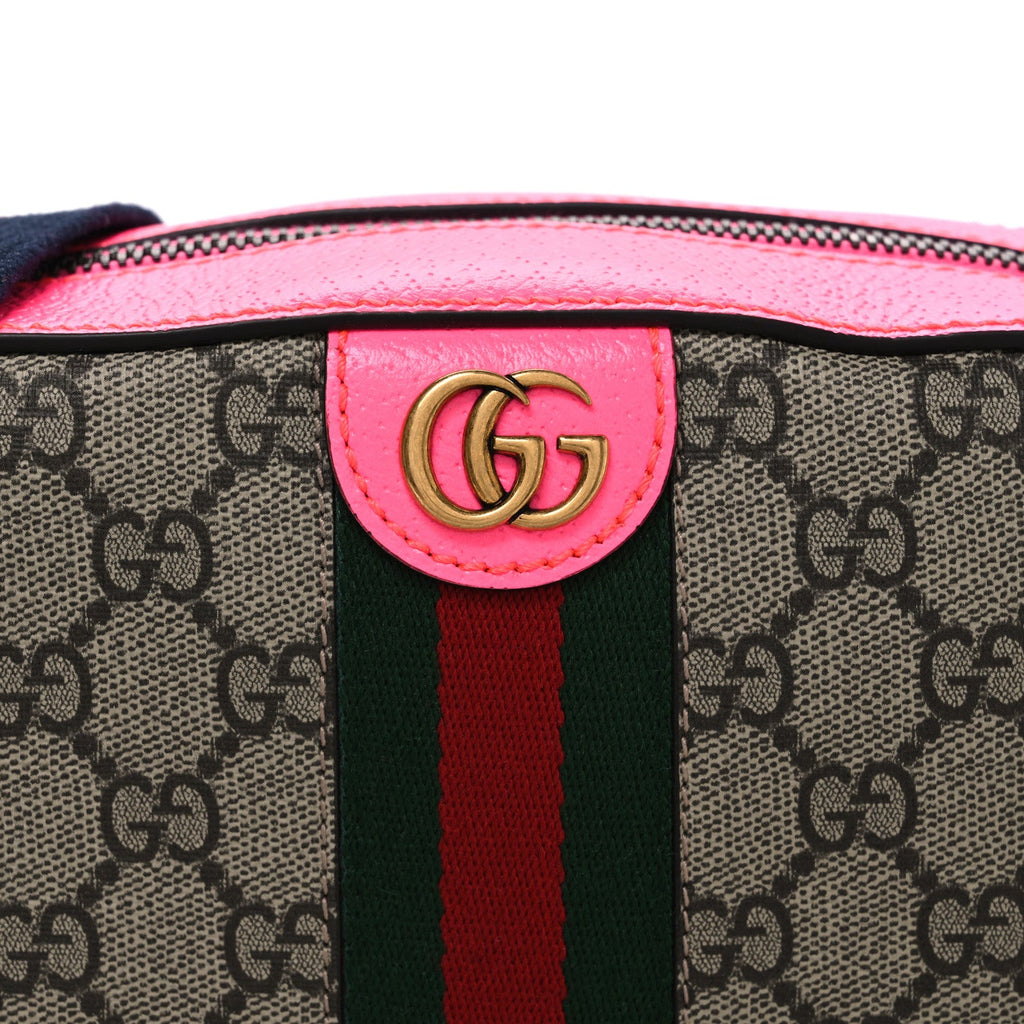 GG Supreme Monogram Textured Dollar Calfskin Web Ophidia Small Crossbody Bag Beige Ebony Fuchsia